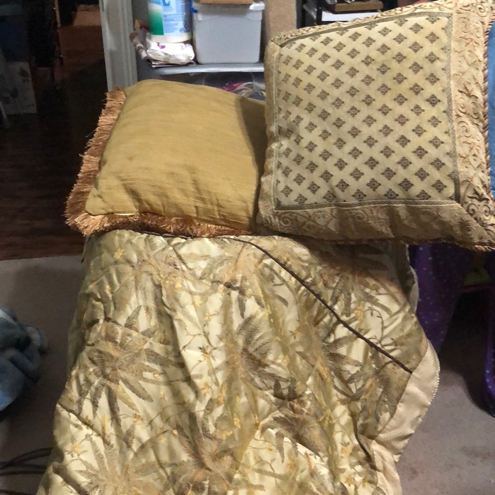 Queen comforter, gold in color with palm trees